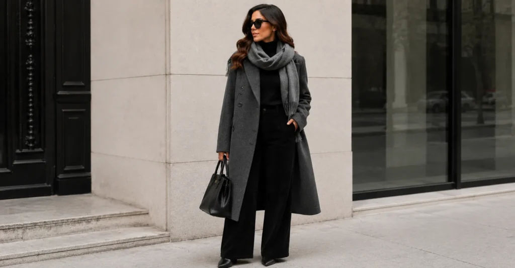Gray and black outfit for fall and winter with layered wool coat, scarf, and turtleneck.