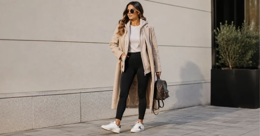 Golden Goose outfit styled with leggings and an oversized hoodie for luxe athleisure.