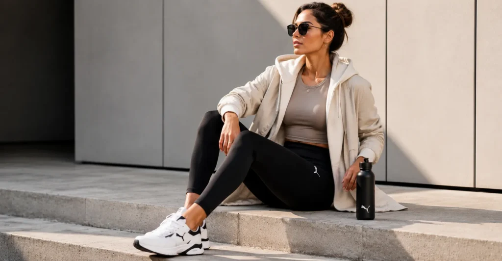Sporty Puma Outfits with Puma-inspired running shoes, leggings, and an oversized hoodie.