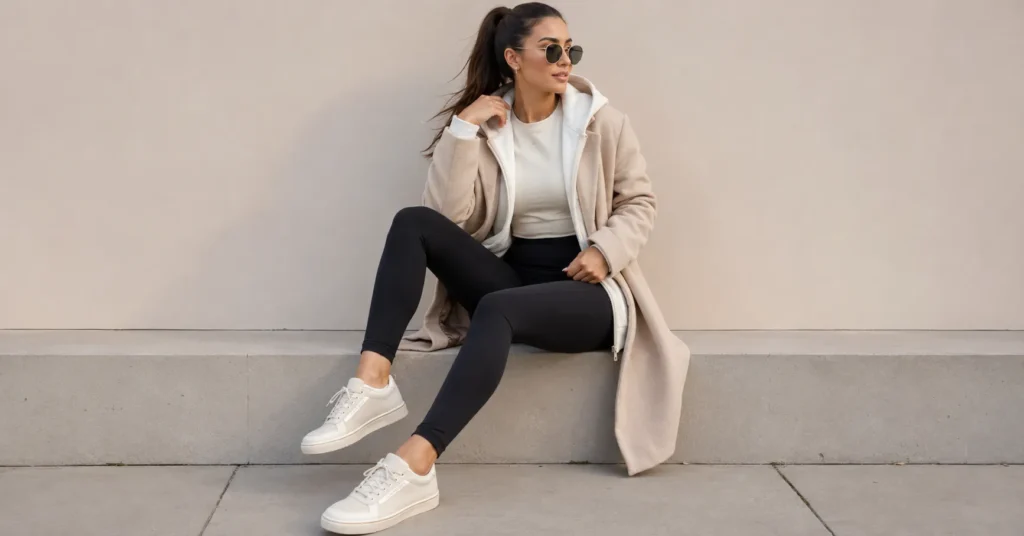Pearlized Vans outfit styled with leggings and a cream hoodie.