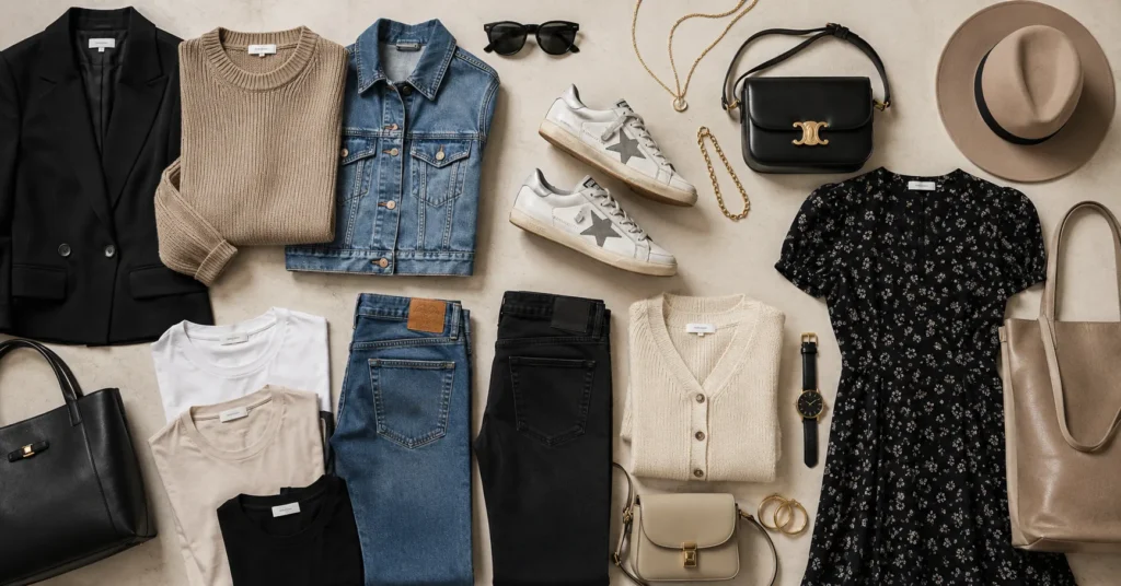 Golden Goose outfit capsule wardrobe with luxury sneakers and versatile clothing essentials.
