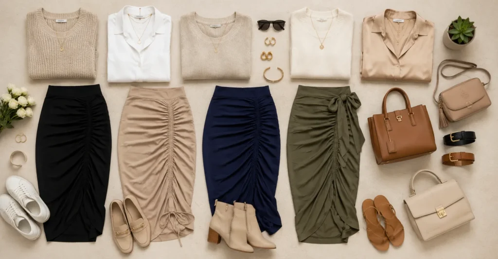 Rush skirts capsule wardrobe with versatile skirts and matching wardrobe essentials.