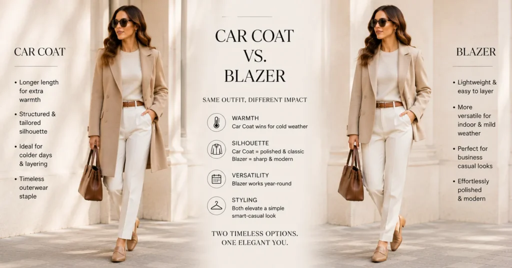 Car Coat for Women Outfit Ideas comparing a car coat and blazer