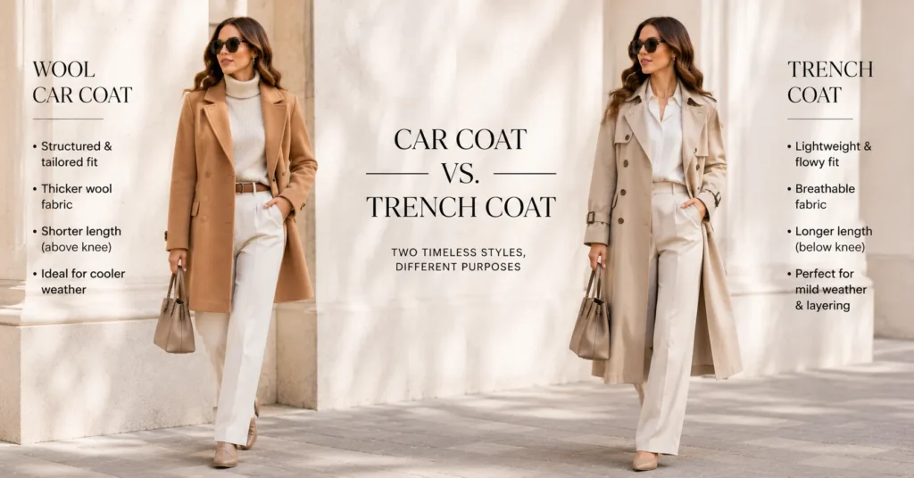 Car Coat for Women Outfit Ideas comparing a car coat and trench coat
