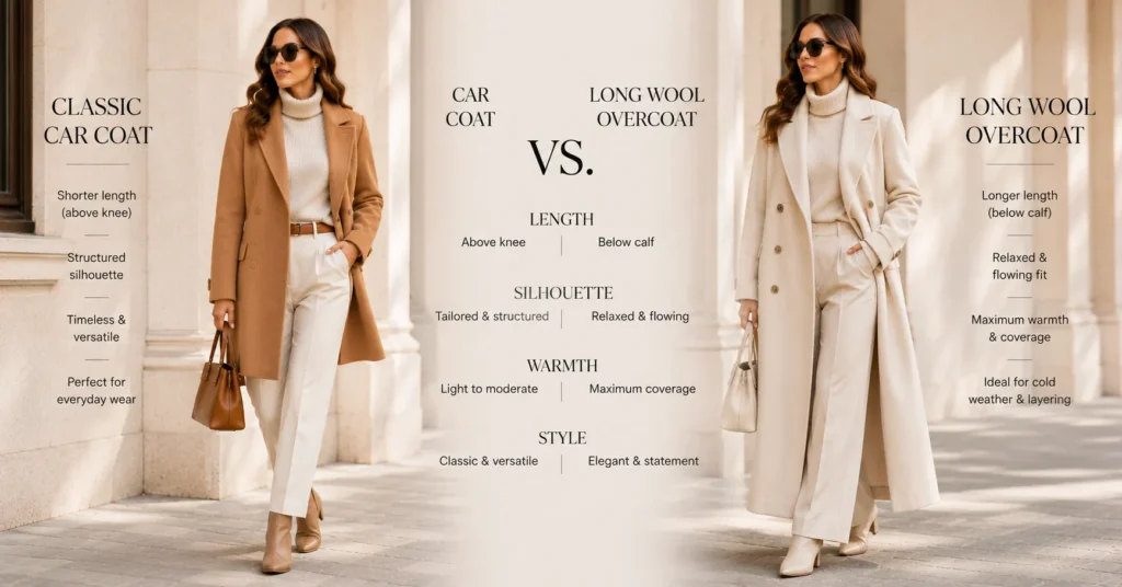Car Coat for Women Outfit Ideas comparing a car coat with a wool overcoat