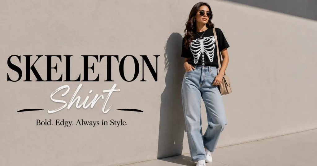 Woman styling a skeleton shirt with blue jeans and white sneakers for a casual everyday outfit.