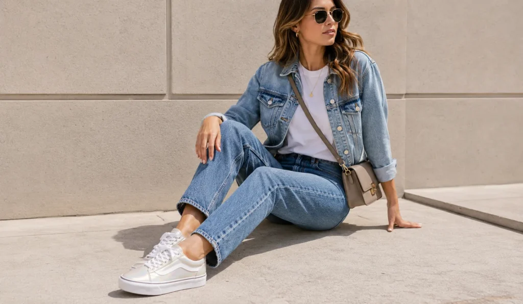 Pearlized Vans outfit styled with straight-leg jeans and a white T-shirt.