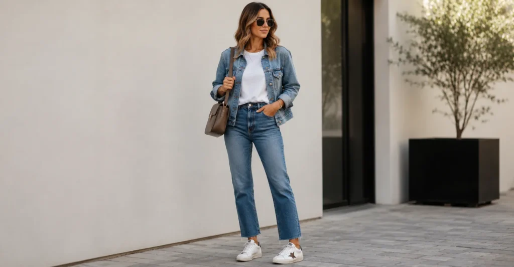 Golden Goose outfit with straight-leg jeans, white T-shirt, and distressed sneakers.
