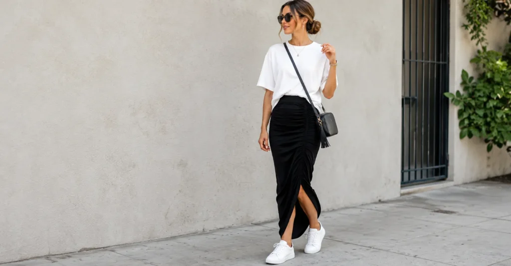 Casual rush skirts outfit with oversized T-shirt and white sneakers.
