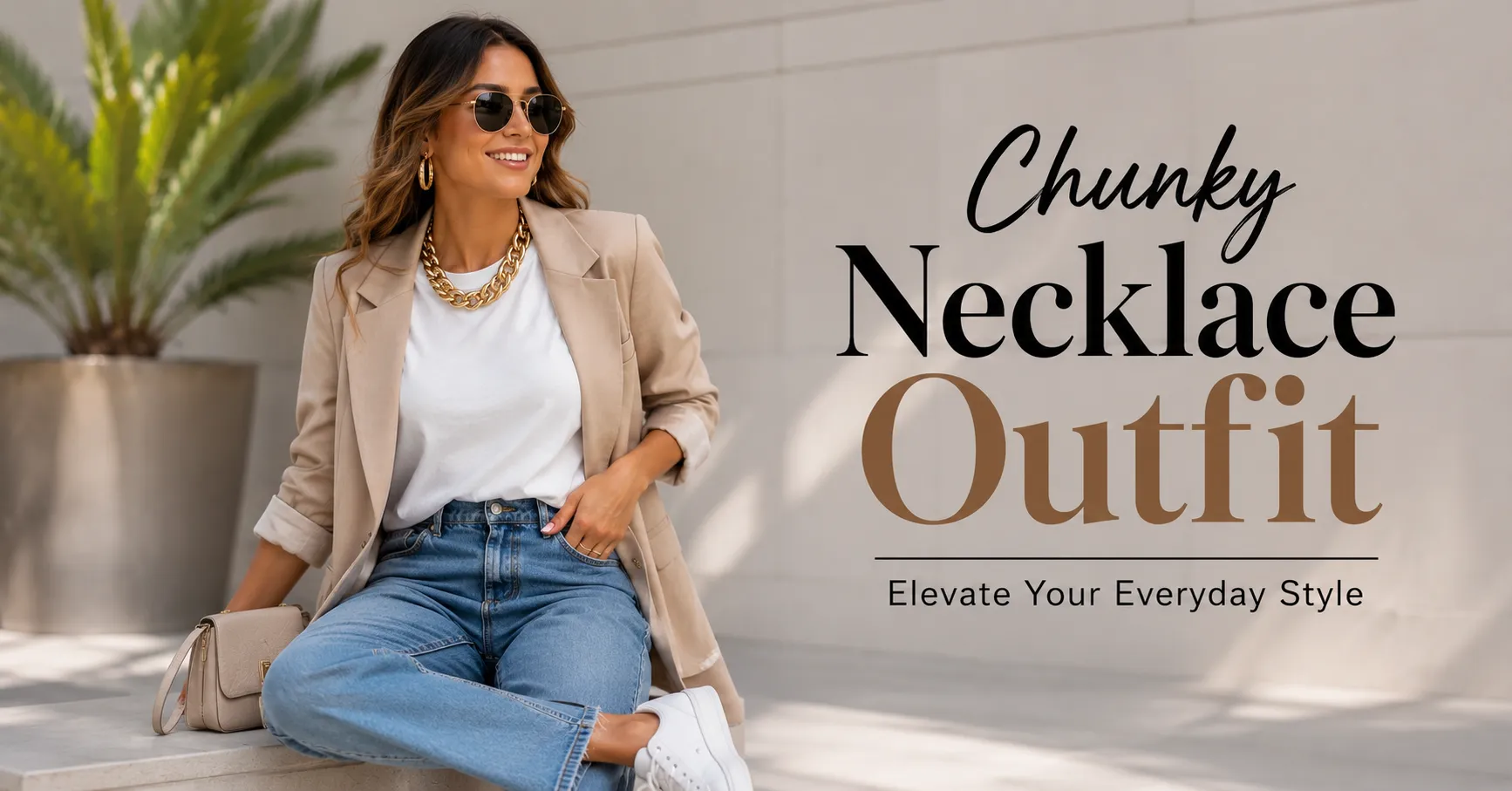 Chunky necklace outfit featuring a gold statement necklace with a white T-shirt and blue jeans.