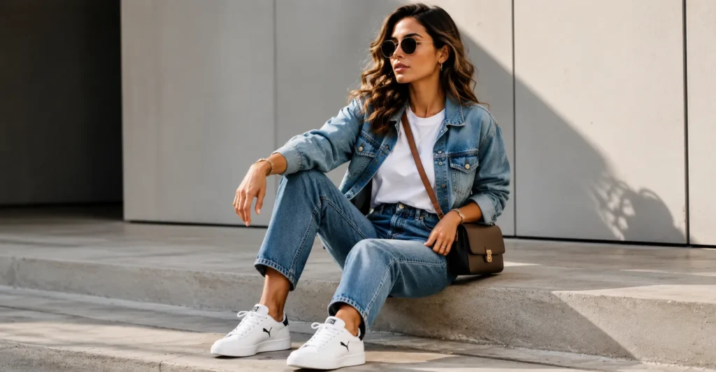 Classic Puma Outfits featuring white Puma-inspired sneakers styled with blue jeans and a denim jacket.
