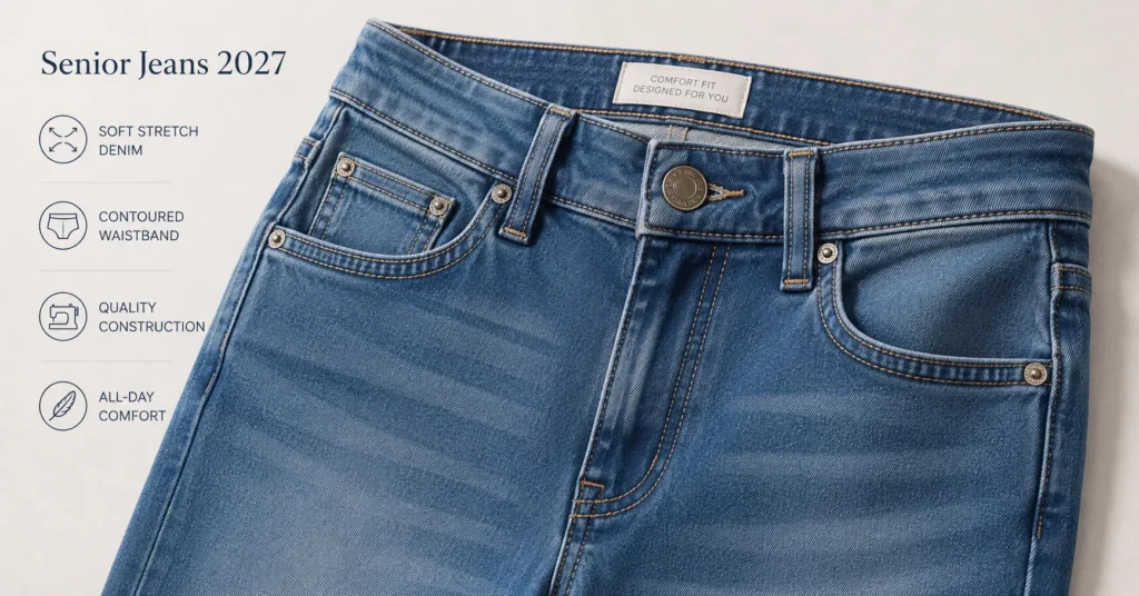 Close-up of premium Senior Jeans 2027 showing stretch denim fabric and quality stitching.
