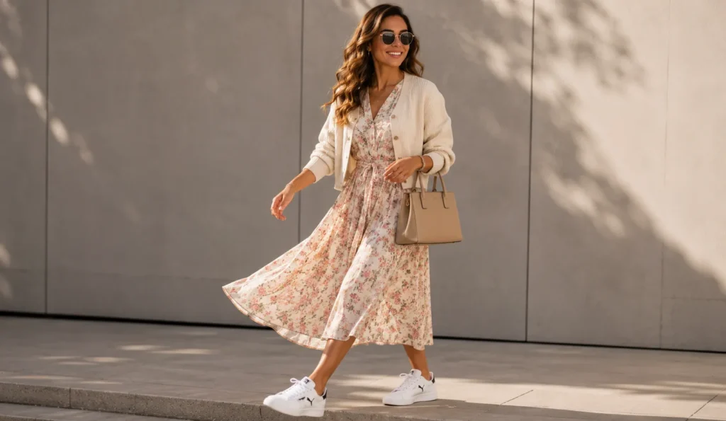 Feminine Puma Outfits pairing white Puma-inspired sneakers with a floral midi dress.