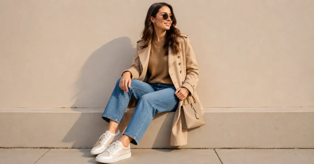 Pearlized Vans outfit featuring layered fall fashion with pearlized sneakers.