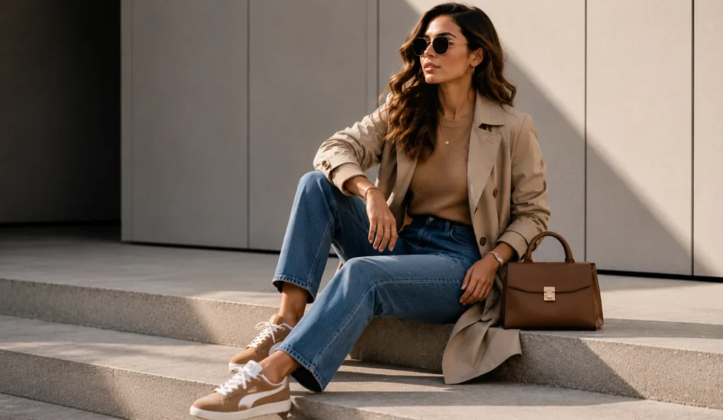 Fall Puma Outfits featuring Puma-inspired suede sneakers with jeans, a knit sweater, and a trench coat.