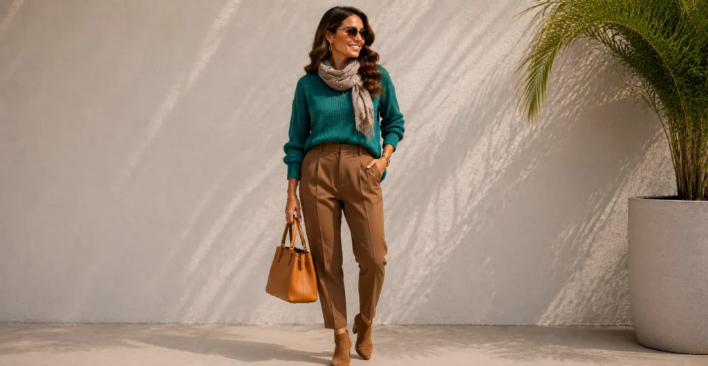 Fall Turquoise Outfit with teal sweater and brown trousers.
