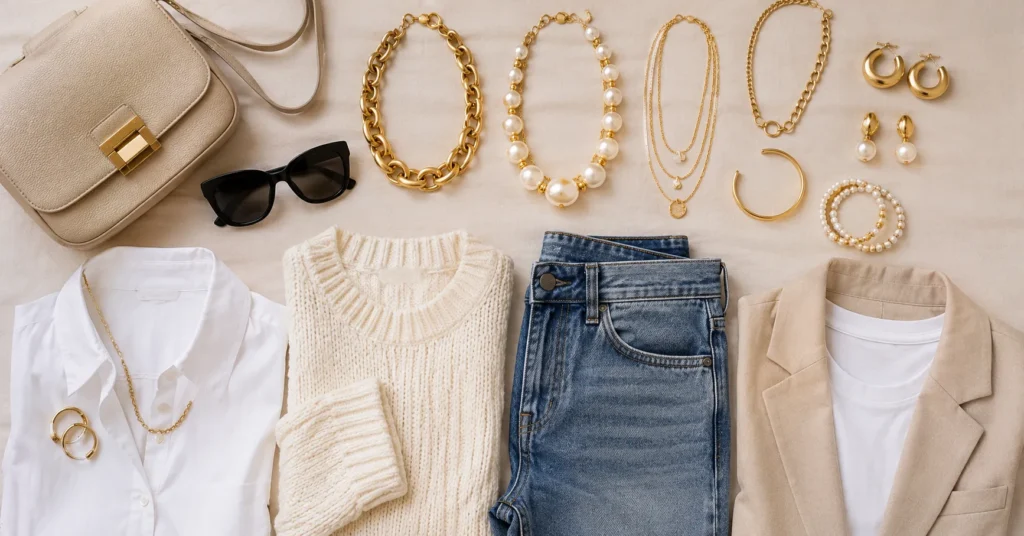 Chunky necklace outfit capsule wardrobe featuring statement jewelry and wardrobe essentials.