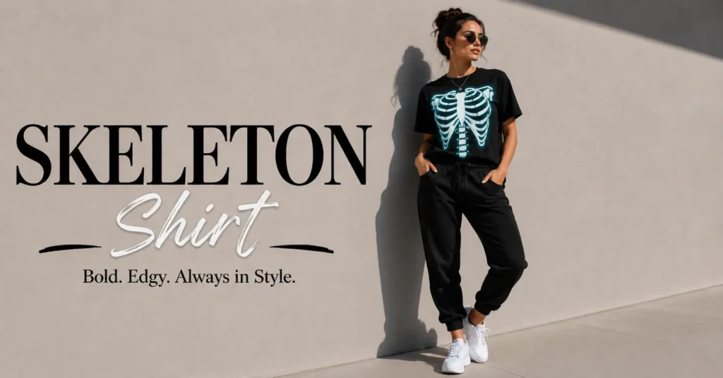 Modern glow-inspired skeleton shirt styled with jogger pants for casual Halloween fashion.