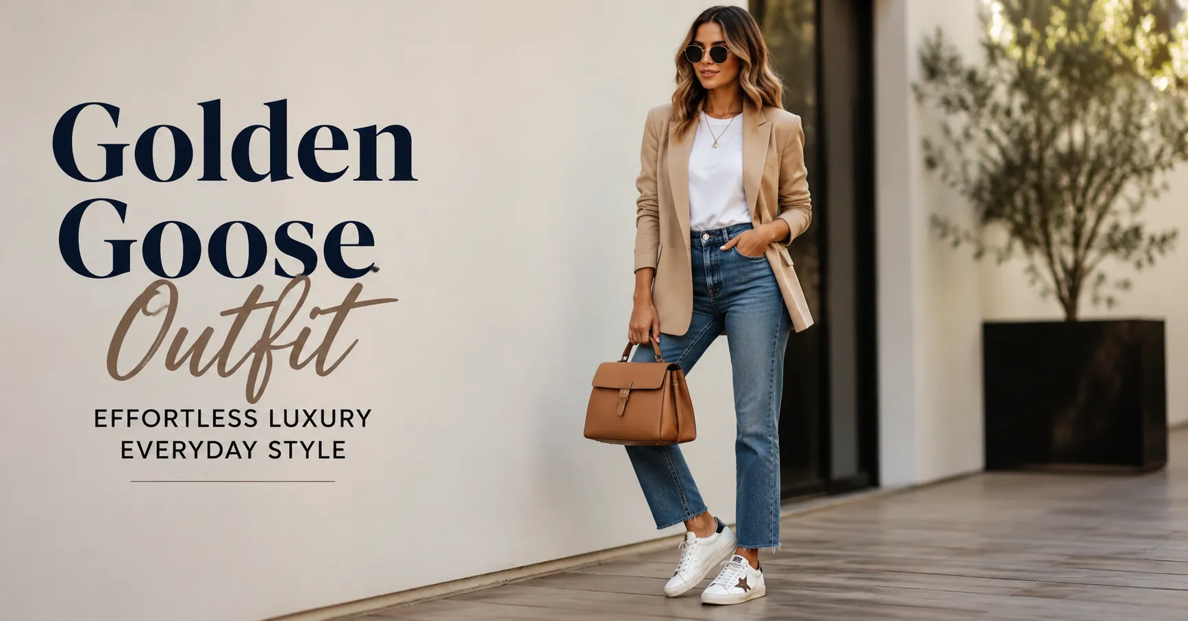 Golden Goose outfit featuring distressed luxury sneakers with blue jeans and a beige blazer.