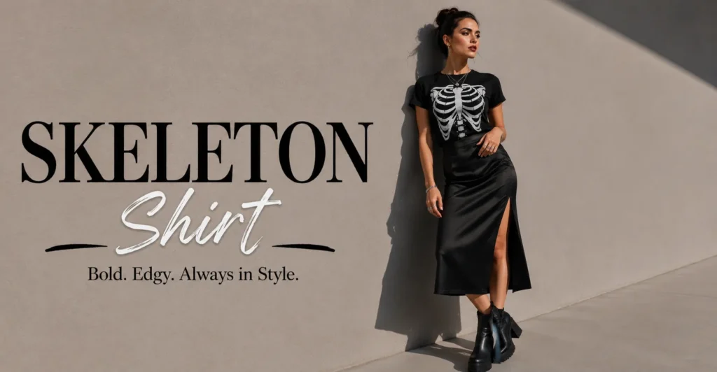 Elegant gothic-inspired outfit featuring a skeleton shirt with black skirt and ankle boots.