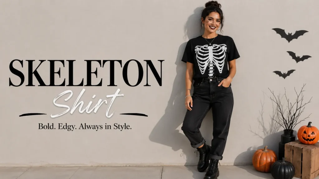 Woman wearing a Halloween skeleton shirt with black jeans and boots for festive seasonal style.