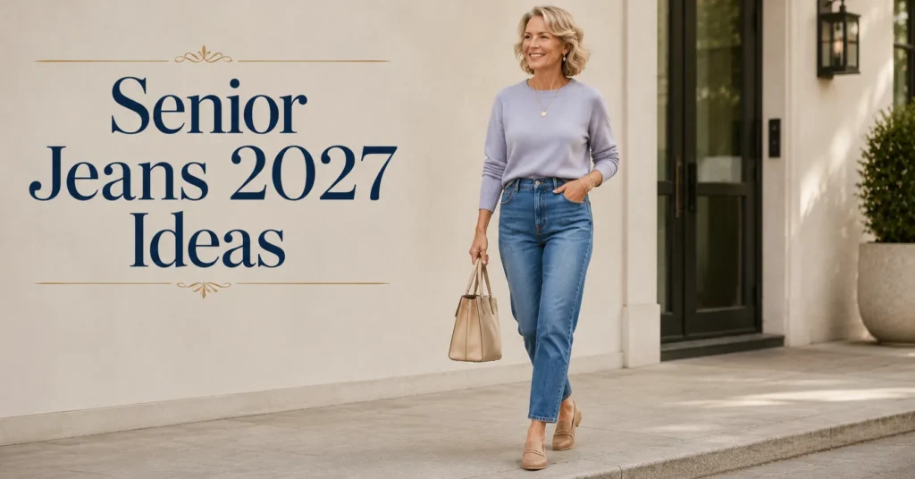High-waist Senior Jeans 2027 outfit with a knit sweater and loafers.