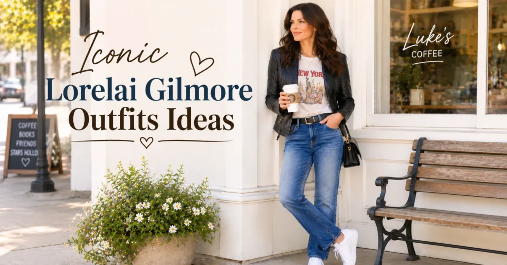 Iconic Lorelai Gilmore Outfits Ideas featuring leather jacket and graphic tee styling
