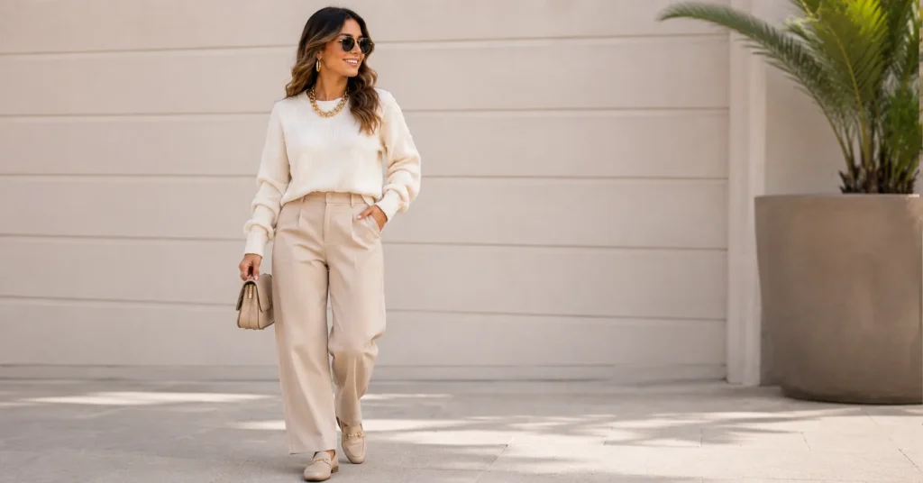 Chunky necklace outfit with a fine-knit sweater and tailored trousers.