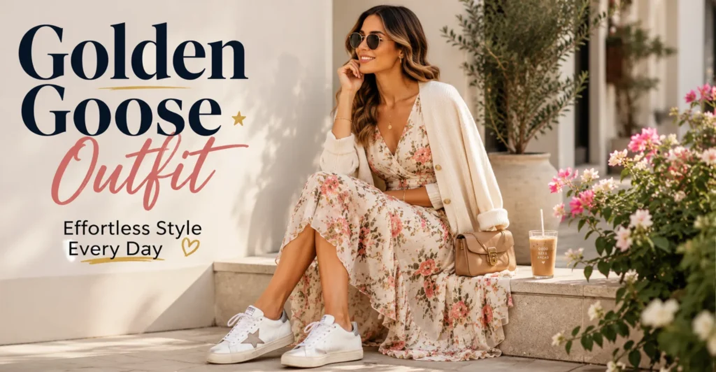 Golden Goose outfit featuring a floral midi dress with distressed sneakers.