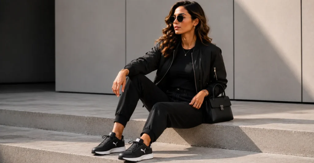 Monochrome Puma Outfits featuring black Puma-inspired sneakers with an all-black casual wardrobe.
