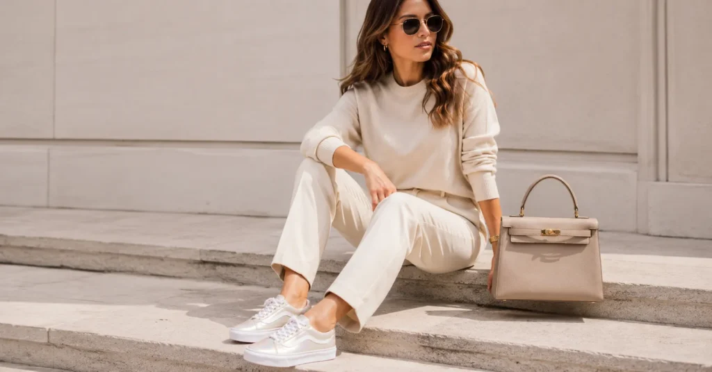 Pearlized Vans outfit with an elegant monochrome cream outfit.