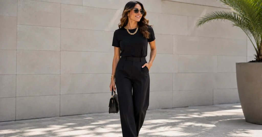 Chunky necklace outfit with an elegant monochrome black outfit.