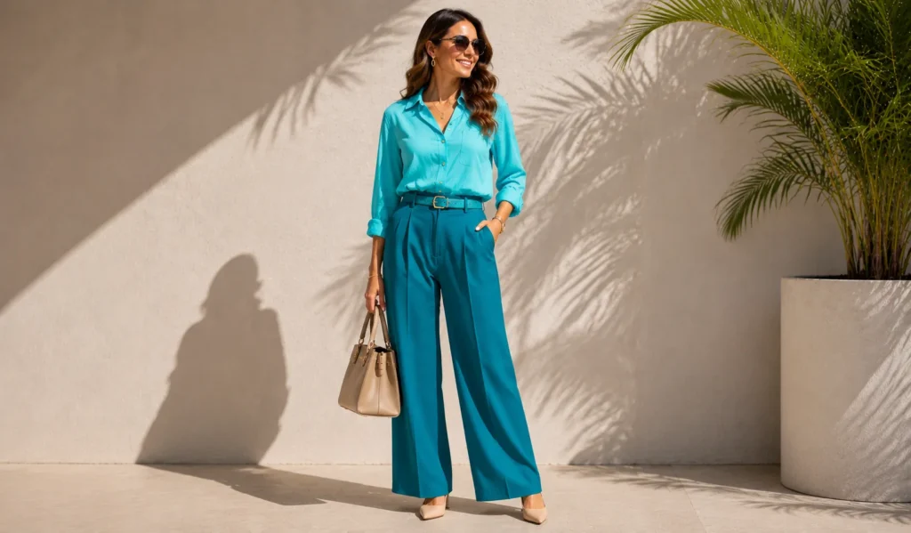 Monochrome Turquoise Outfit styled with multiple blue-green shades.