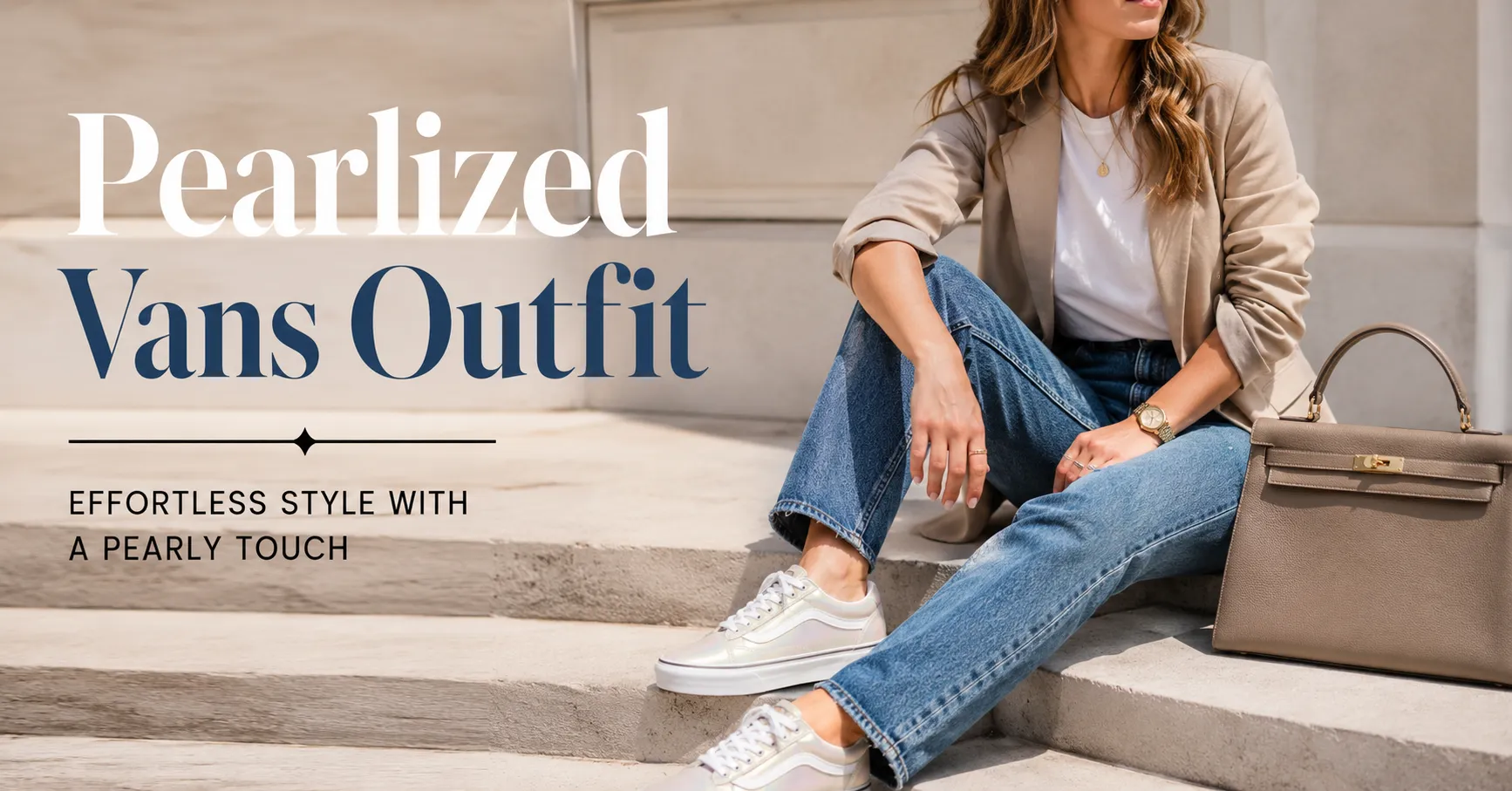 Pearlized Vans outfit featuring iridescent sneakers with blue jeans and a beige blazer.
