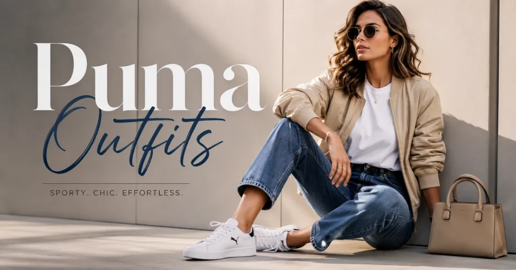 Puma Outfits featuring white Puma-inspired sneakers styled with jeans, a white tee, and a beige bomber jacket for a modern casual look.