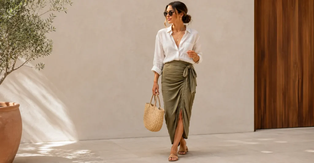 Rush skirts featuring an adjustable wrap style with linen blouse.