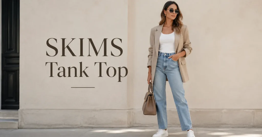 SKIMS Tank Top styled with jeans and a blazer for timeless everyday fashion