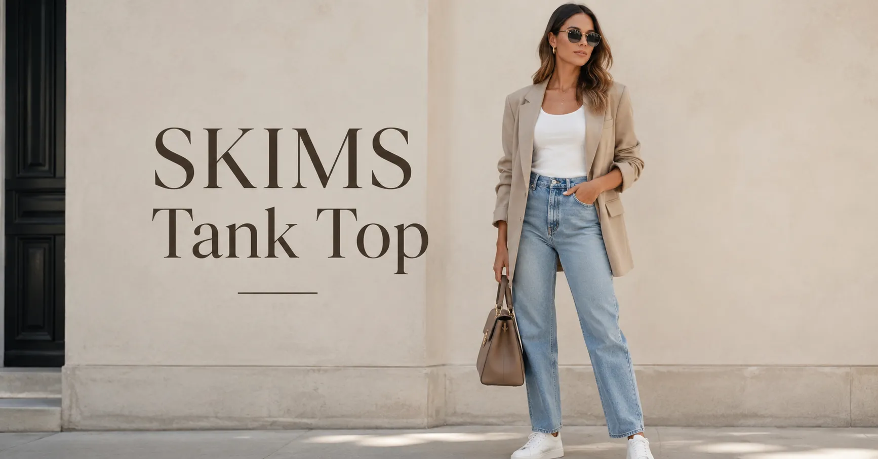 SKIMS Tank Top styled with jeans and a blazer for timeless everyday fashion