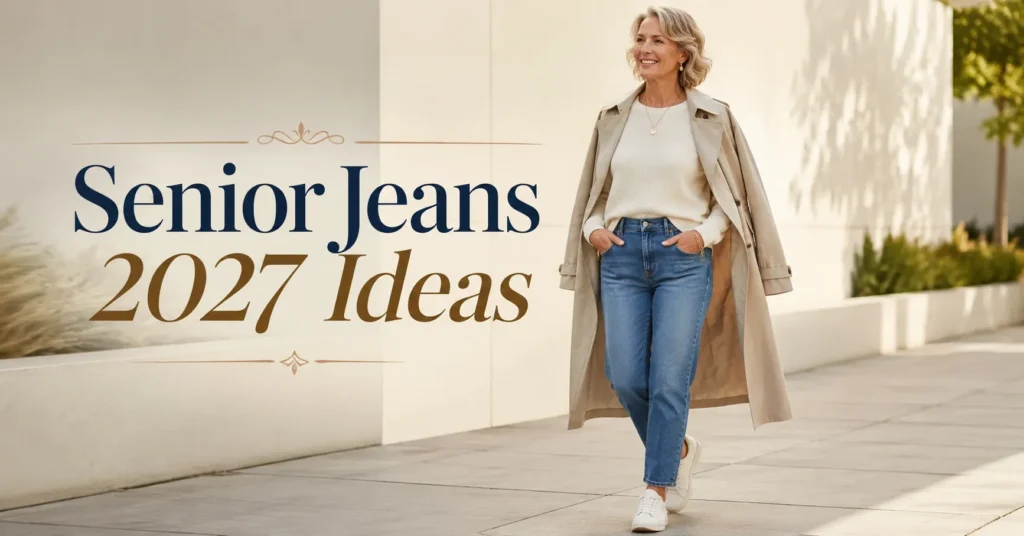 Senior Jeans 2027 ideas featuring a stylish woman wearing comfortable medium-wash denim with a modern casual outfit.