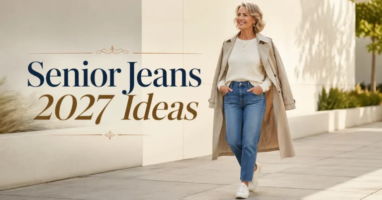 Senior Jeans 2027 ideas featuring a stylish woman wearing comfortable medium-wash denim with a modern casual outfit.