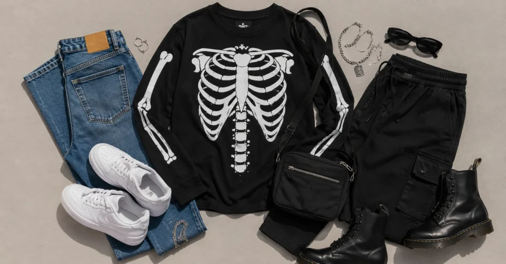 Flat lay featuring a skeleton shirt with jeans, sneakers, boots, and fashion accessories.