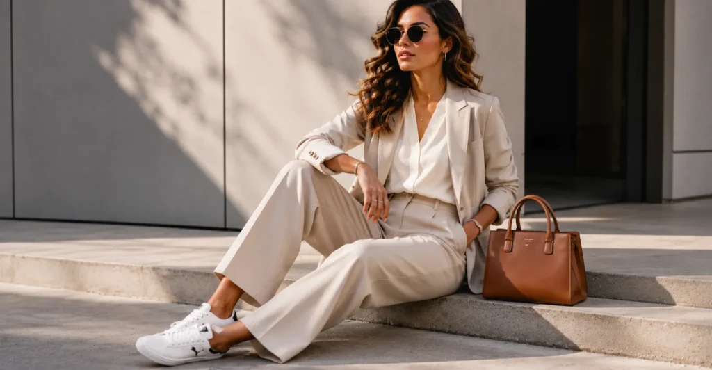Elegant Puma Outfits with white Puma-inspired sneakers styled for a smart casual office look.