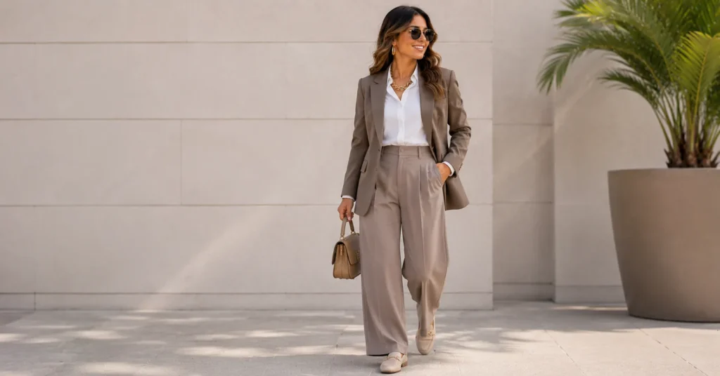 Chunky necklace outfit styled for a smart casual office look.