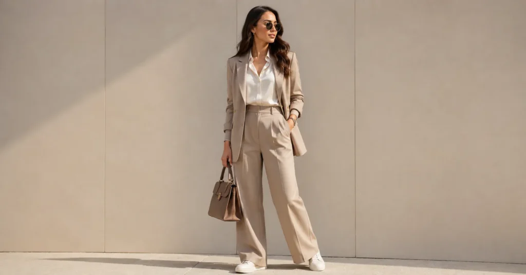 Pearlized Vans outfit styled with tailored trousers and a blazer.