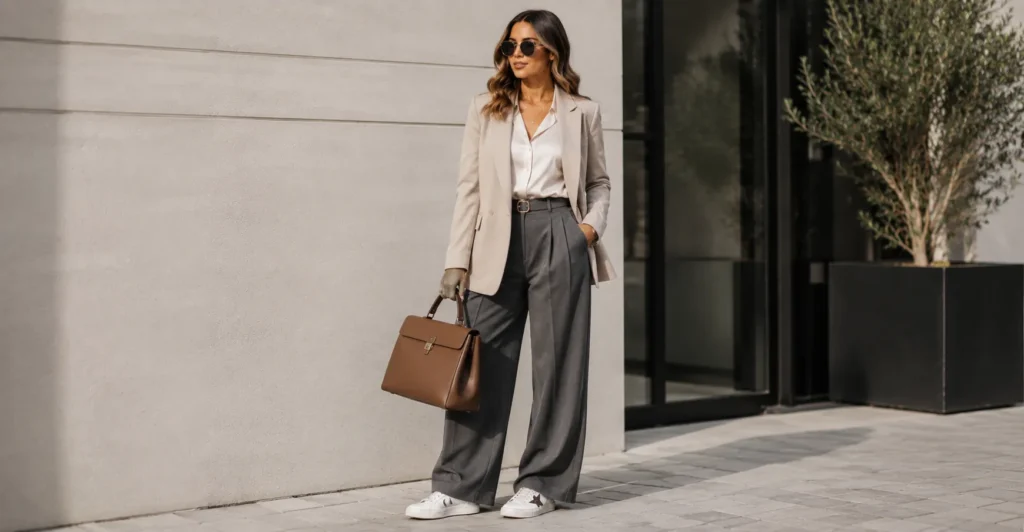 Golden Goose outfit styled with tailored trousers and a blazer for smart-casual fashion.
