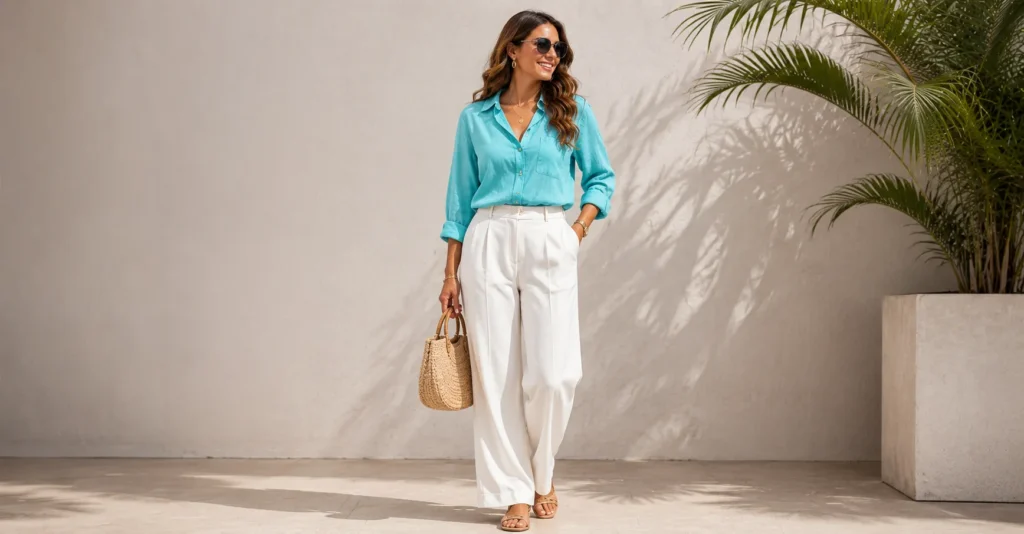 Soft neutral Turquoise Outfit with white trousers and linen blouse.