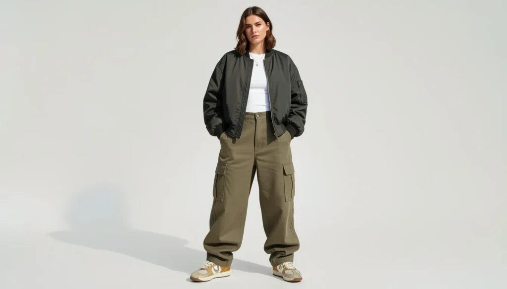 Golden Goose outfit styled with cargo pants and an oversized bomber jacket.
