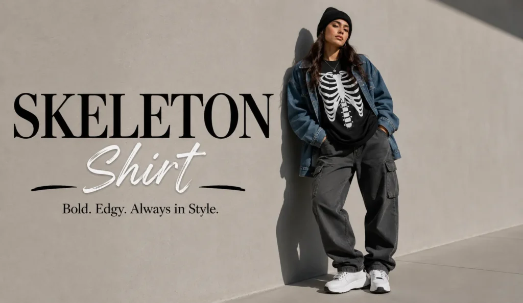 Oversized skeleton shirt styled with cargo pants and denim jacket for modern streetwear fashion.