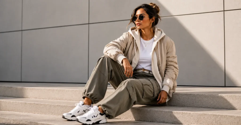 Modern Puma Outfits featuring chunky Puma-inspired sneakers with cargo pants and oversized streetwear layers.