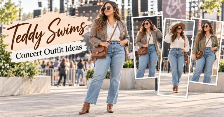 Teddy Swims Concert Outfit Ideas featuring an elegant concert outfit with a statement jacket, jeans, and ankle boots